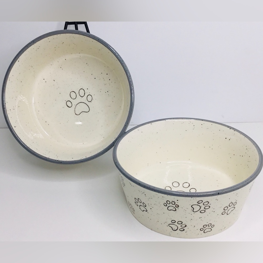 2 Pet Bowl Cat Kitten PAWS Food Water Dish Bowl Pacifica Pottery Gray New